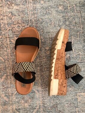 Steve Madden Black and Natural Cork Platform Sandals